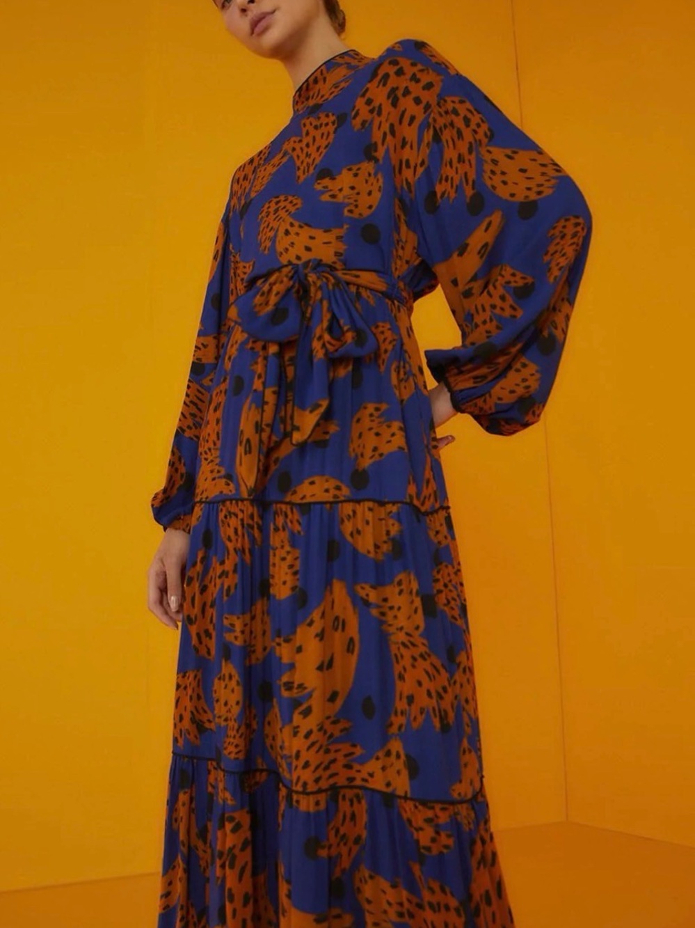 Farm Rio Navy Bananica Maxi Dress in Cobalt Blue tie waist mock neck size small